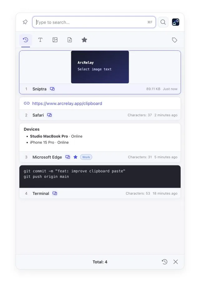 Suite Clipboard: text, images, favorites and source devices, with English sample content.